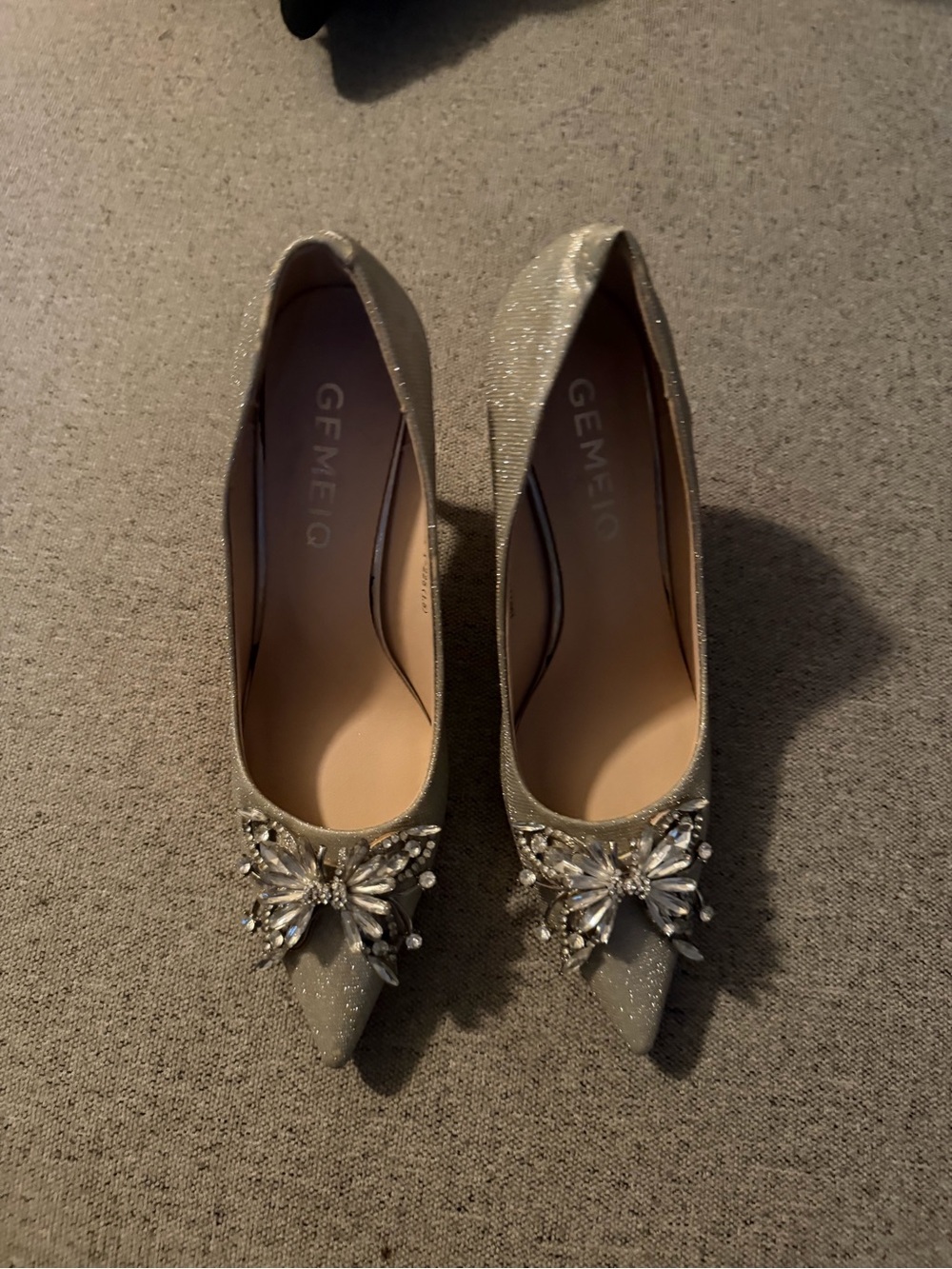 Silver Glitter Pointed Toe Heels with Crystal Brooch